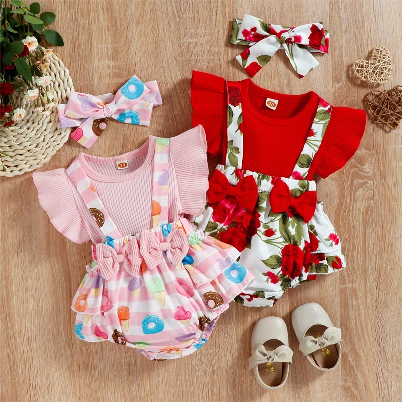 

Baby Girls Outfits Set Fake Two Piece Suspender Bowknot Patchwork Donut/Flower Printed Ruffle Triangle Romper with Headband