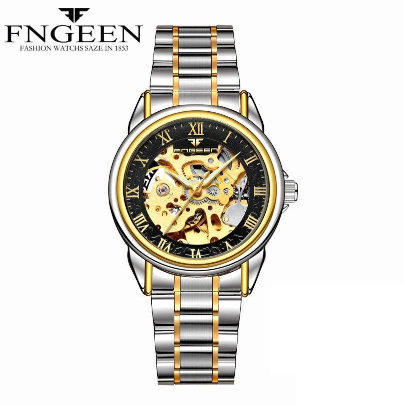 

FNGEEN 8866 Stainless Steel Mechanical Watch 2023 New Fashion Skeleton Dial Roman Scale Mens Watches Watch For Men Reloj Hombre