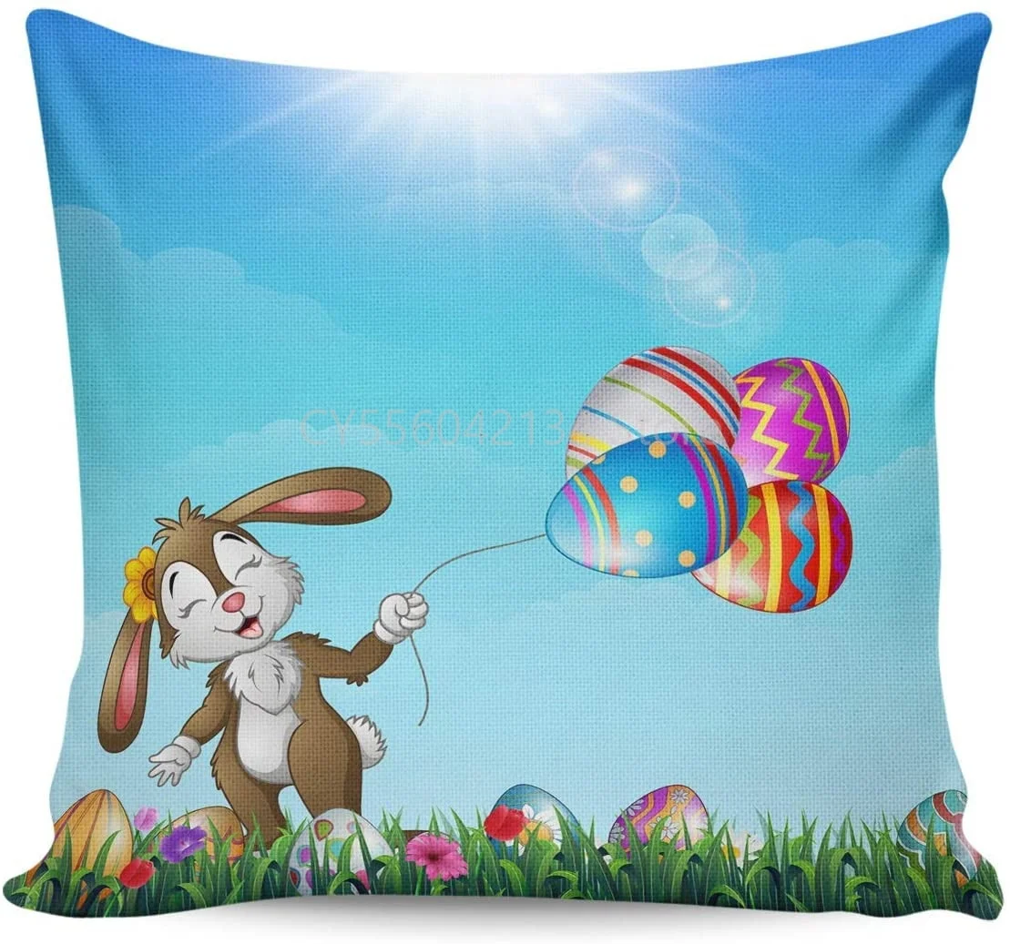 

Easter Rabbit with Colorful Egg Balloon on Grass Decorative Square Cushion Cover Pillow Cases for Sofa Couch Bedroom Living Room