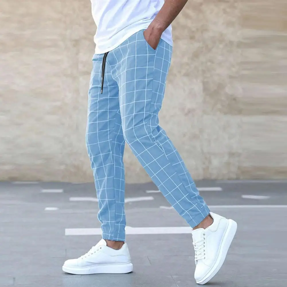 

Adjustable Waistband Trousers Plaid Print Men's Casual Pencil Pants with Elastic Waist Slant Pockets Comfortable for Everyday