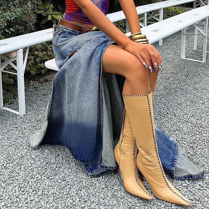 New American style washed old high split denim skirt Women's fashion gradient blue A-line skirt2023
New American style washed old high split denim skirt Women's fashion gradient blue A-line skirt2023
