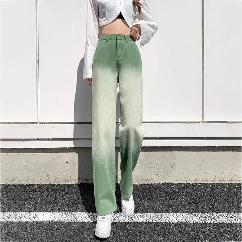 

BIYABY Fashion Green Gradient Wide leg jeans Pants Women Summer New High Street Straight Touusers Loose Woman Washed Denim Pant