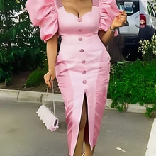 AOMEI Party Sexy Pink Dresses Women High Slit Short Puff Sleeve Button Robes Celebrate Homecoming Event Outfits Summer Vestidos