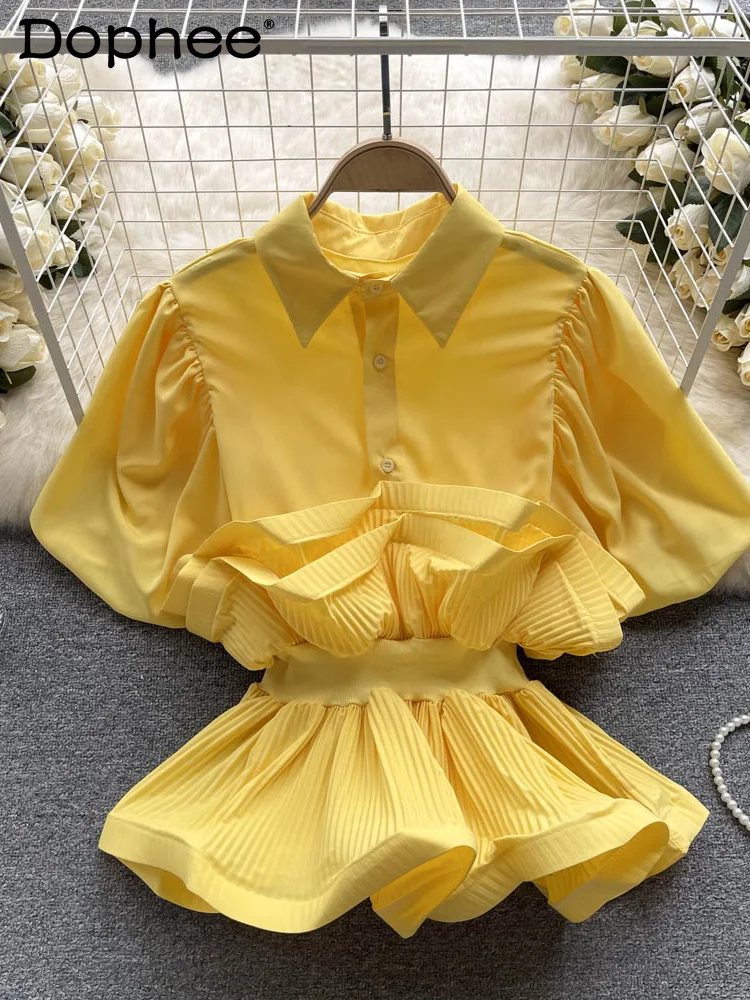 Retro High-end Ruffled Pleated Slim Waist Design Sweet Candy Color Shirt Women Summer Polo Collar Bubble Short Sleeve Blusas Top
Retro High-end Ruffled Pleated Slim Waist Design Sweet Candy Color Shirt Women Summer Polo Collar Bubble Short Sleeve Blusas Top