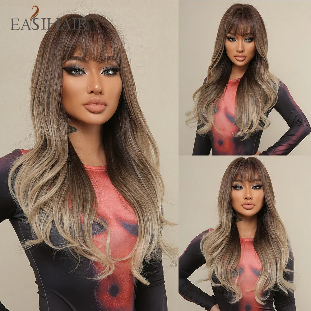 

EASIHAIR Ombre Brown Gray Blonde Long Wavy Synthetic Wigs with Bang Natural Ash Hair Wig for Women Daily Cosplay Heat Resistant