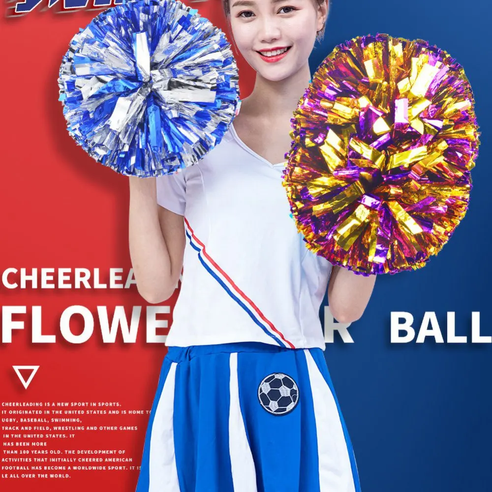 

1Pair Cheering Pom Pom Ball Cheering Dance Decorator Plastic Handle Metallic Streamer Pompoms Cheerleading Club Sport Supply