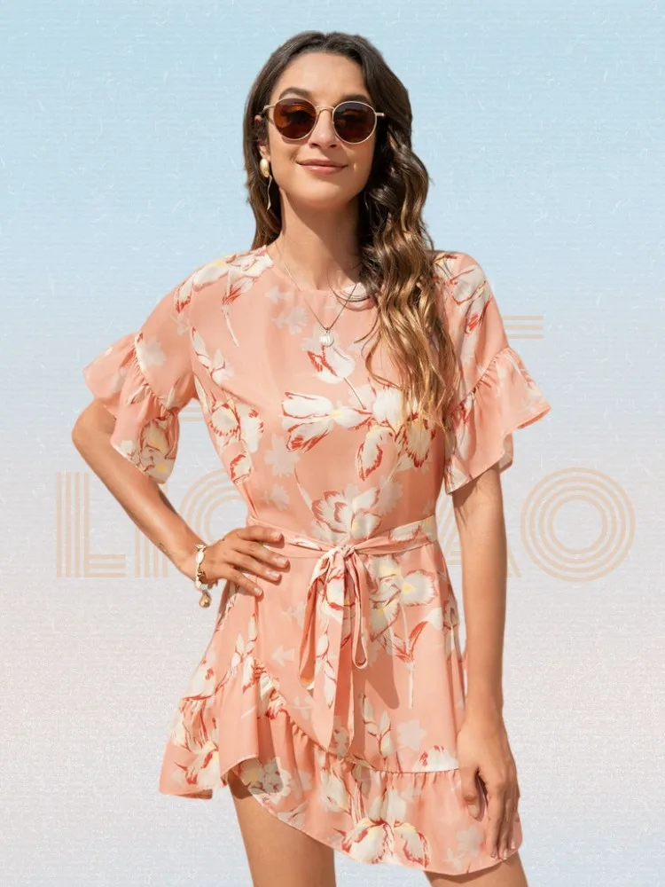 

Pink Allover Floral Print Belted Ruffle Hem A-line Dress Summer Sweet Butterfly Sleeve O-neck Chiffon Dress Women Robe Femme