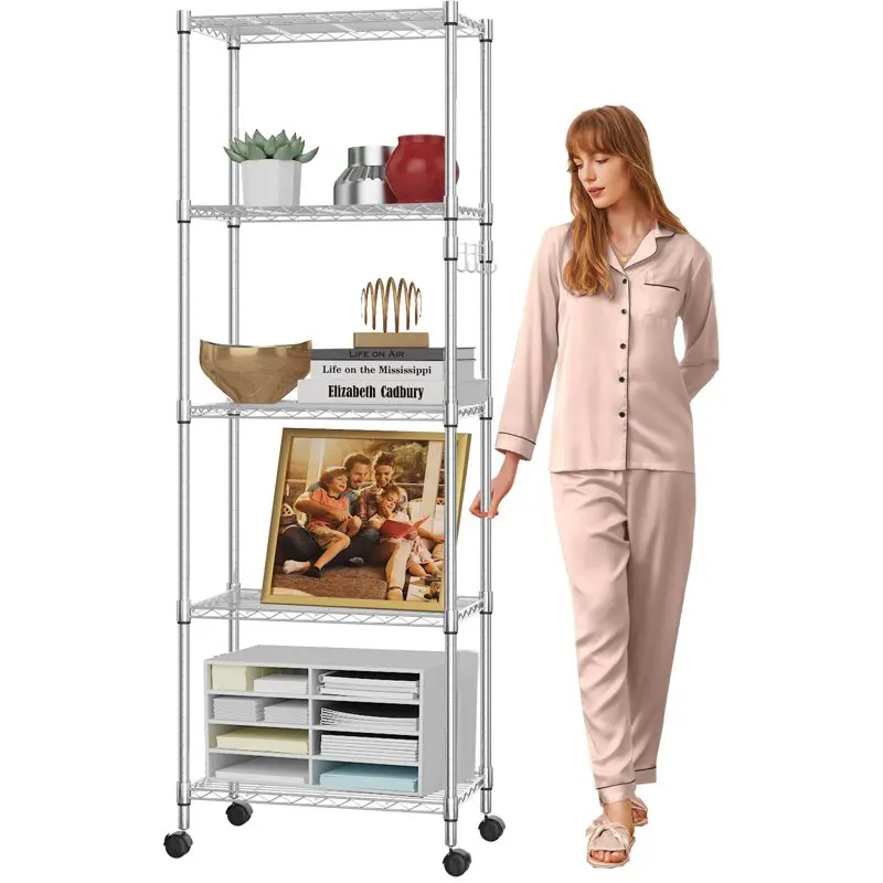 

5 Tier Shelf Wire Shelving Units 72'' Storage Rack Height Adjsutable Metal Shelves Standing Rack with 4 Hooks and Wheels for Hom