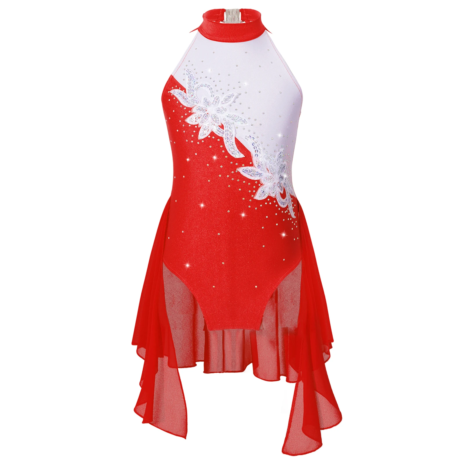 

Kids Girls Shiny Rhinestone Sequins Figure Skating Dress Floral Sleeveless Gymnastic Ballet Leotards Ballroom Dance Costumes