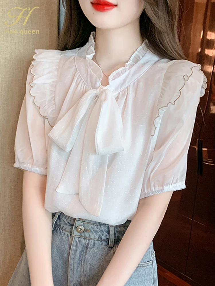 H Han Queen 2023 New Elegant Chic Blouses Women Summer Lace-Up Bow Ruffles Shirts Office Work Chiffon Blouse Vintage Loose Top
H Han Queen 2023 New Elegant Chic Blouses Women Summer Lace-Up Bow Ruffles Shirts Office Work Chiffon Blouse Vintage Loose Top