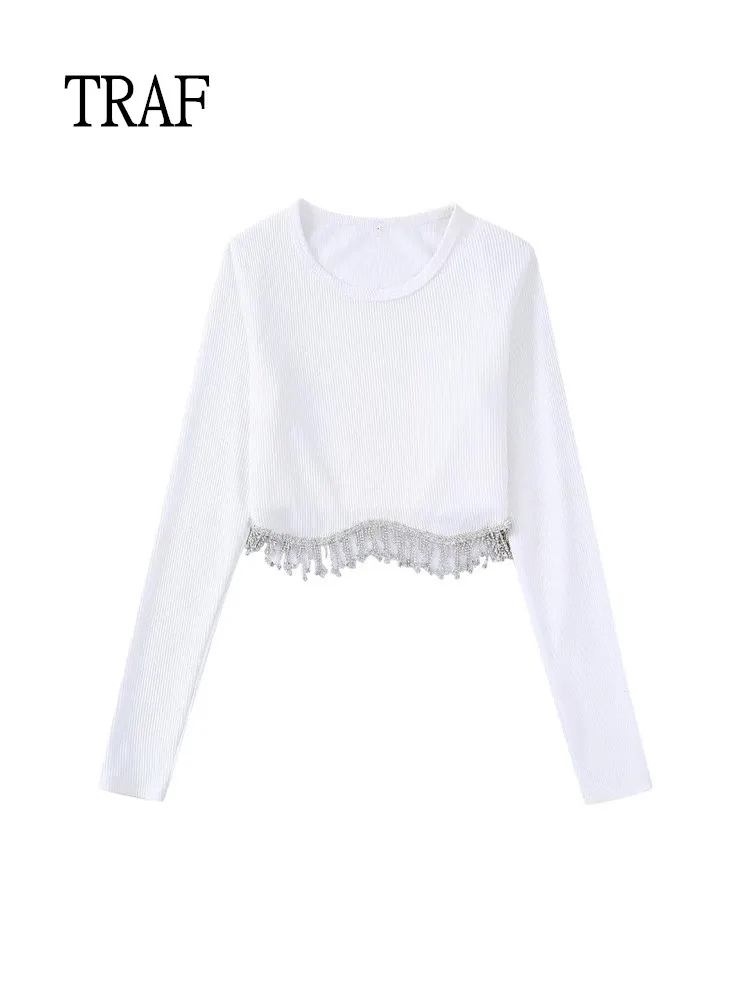 TRAF White Top Women Knitted 2022 New Fashion Rhinestone Tassel Crop Tops Woman Clothing Irregular Black Pulovers Top Streetwear
TRAF White Top Women Knitted 2022 New Fashion Rhinestone Tassel Crop Tops Woman Clothing Irregular Black Pulovers Top Streetwear
