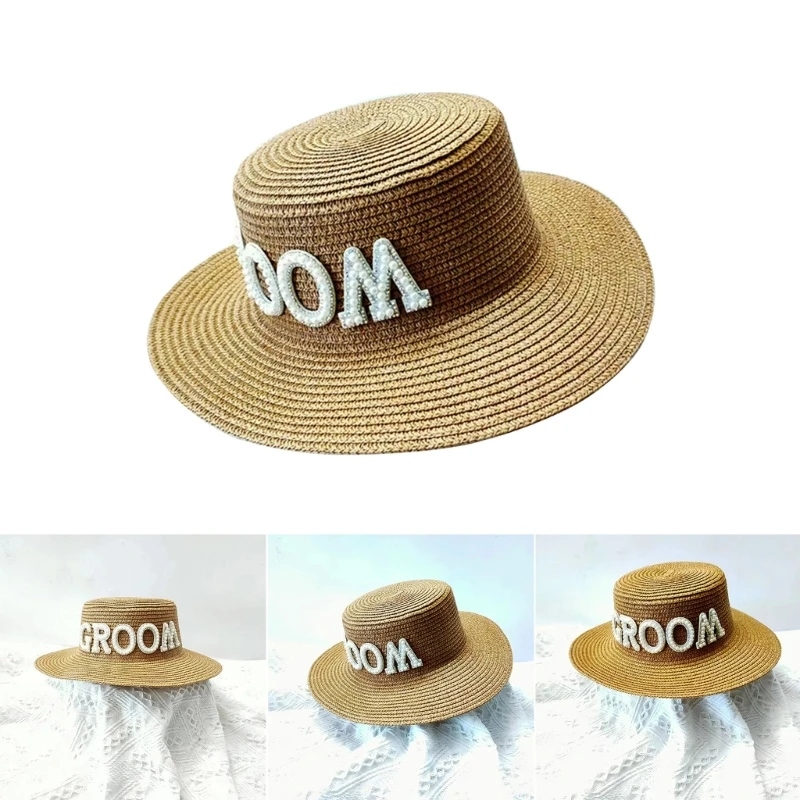 

Men Groom Cap Breathable Summer Straw Bridegroom Hat PearlLetter Wide Brim Summerbeach Bonnet Photoshoots Headdress