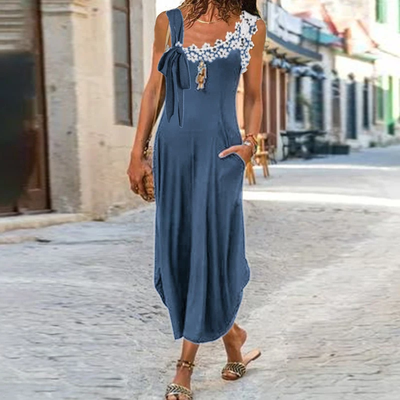

Женское длинное платье без рукавов, однотонное асимметричное летнее платье со складками и карманами, элегантное кружевное длинное платье со шнуровкой, 2023