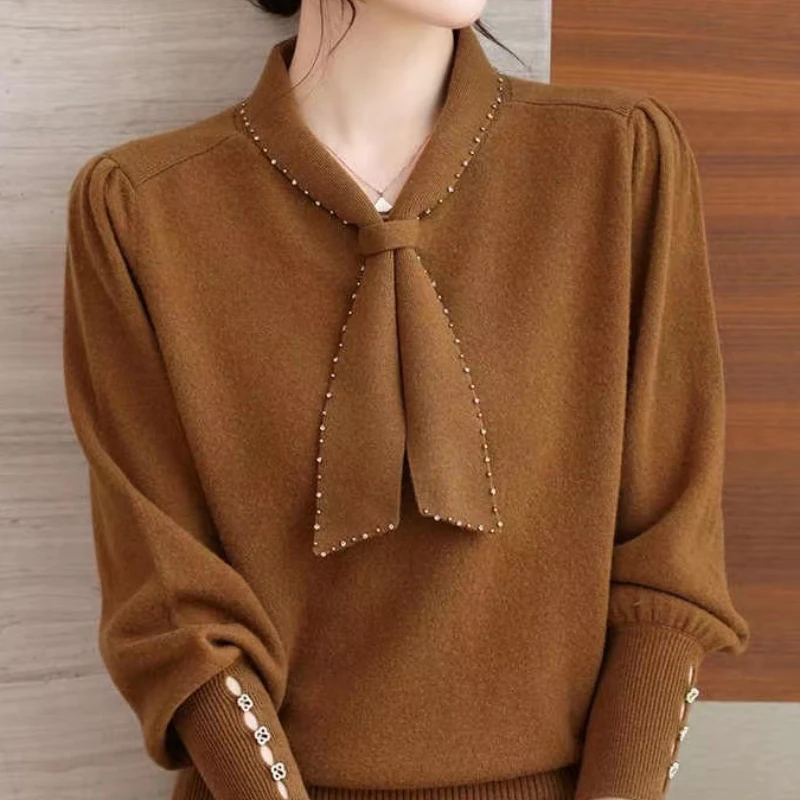 Tops Women New Sweater Spring Autumn Long Sleeve Scarf Collar Pullover Solid Color Bow Korean Style Elegant Fashion Popularity
Tops Women New Sweater Spring Autumn Long Sleeve Scarf Collar Pullover Solid Color Bow Korean Style Elegant Fashion Popularity