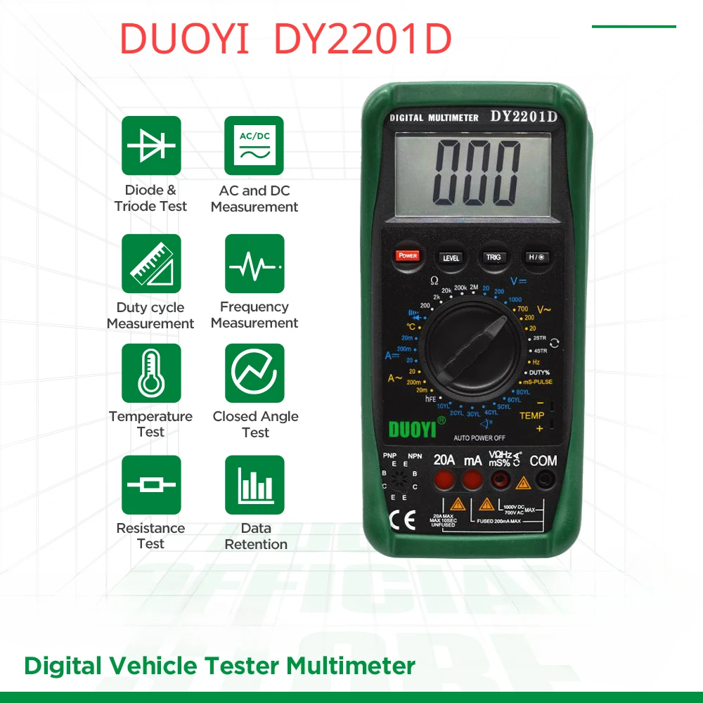Ручной профессиональный цифровой мультиметр DUOYI DY2201D с датчиком преобразования скорости, Бесконтактный измеритель оборотов в минуту, угол обзора, частоты и температуры
Ручной профессиональный цифровой мультиметр DUOYI DY2201D с датчиком преобразования скорости, Бесконтактный измеритель оборотов в минуту, угол обзора, частоты и температуры