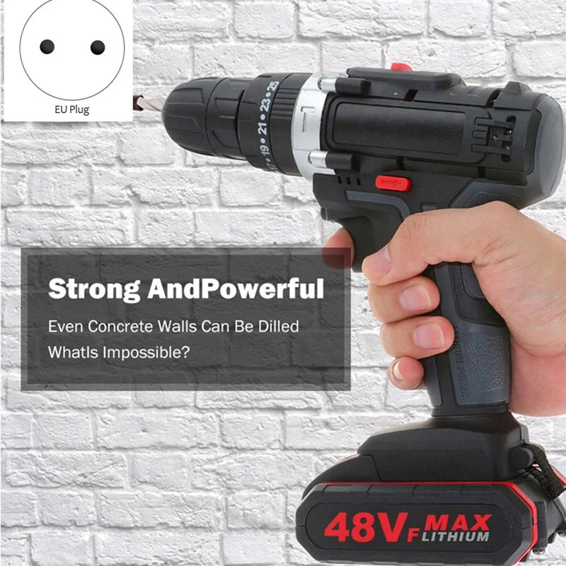 48VF Electric Drill Impact Drill Cordless Screwdriver Lithium Battery Drill Wrench Wireless Electric Drill EU Plug
48VF Electric Drill Impact Drill Cordless Screwdriver Lithium Battery Drill Wrench Wireless Electric Drill EU Plug