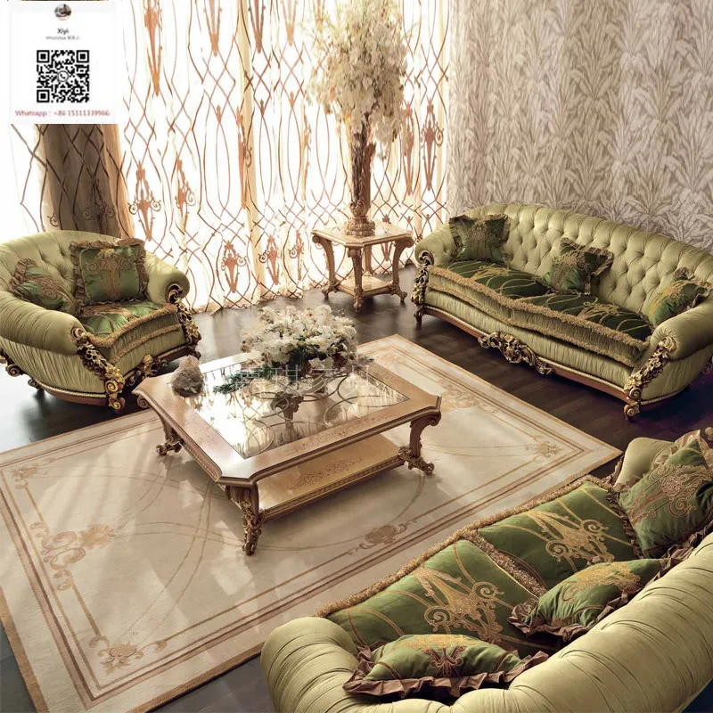

High Quality Custom European Luxury Solid Wood Sofa Italian Fabric French Court Log Carved Living Room Furniture