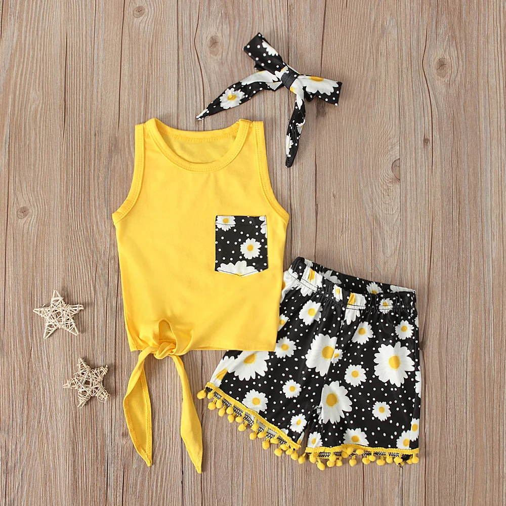 Baby Summer Clothing Toddler Baby Girl Flower Sleeveless Top T Shirt Fringe Daisy Short Headband 3 Piece Suit Set Sun Clothing
Baby Summer Clothing Toddler Baby Girl Flower Sleeveless Top T Shirt Fringe Daisy Short Headband 3 Piece Suit Set Sun Clothing