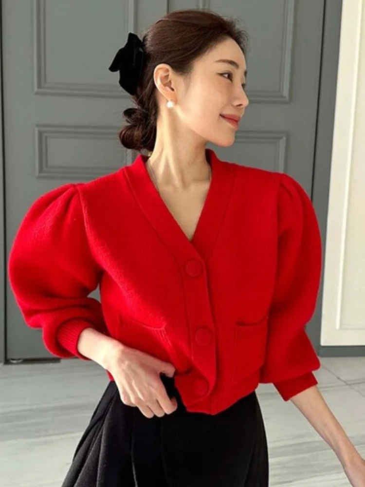 French Vintage Temperament Sweater Bubble Sleeve Knitwears Female Autumn V Neck Solid Color Wild Crop Cardigan Korean Fashion
French Vintage Temperament Sweater Bubble Sleeve Knitwears Female Autumn V Neck Solid Color Wild Crop Cardigan Korean Fashion
