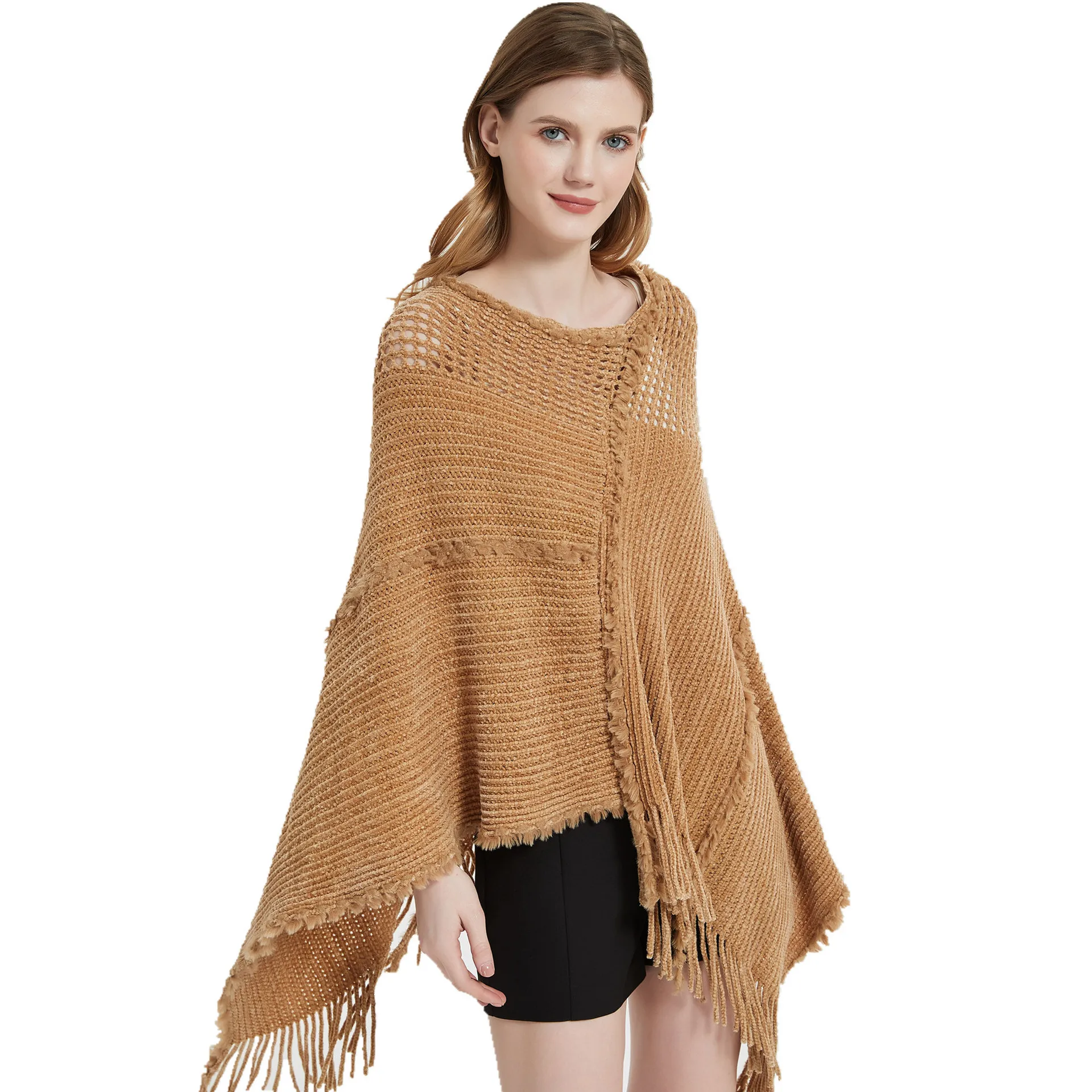 Spring Autumn Pullover Shawl Knitwear Hollow Knitting Tassel Shawl Women Poncho Lady Capes Khaki Cloaks
Spring Autumn Pullover Shawl Knitwear Hollow Knitting Tassel Shawl Women Poncho Lady Capes Khaki Cloaks