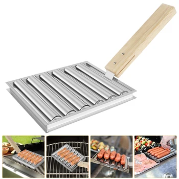 Hot Dog Roller Stainless Steel BBQ Griller Rack with Long Wooden Handle Portable Sausage Holder Grill Camping Grill Accessories