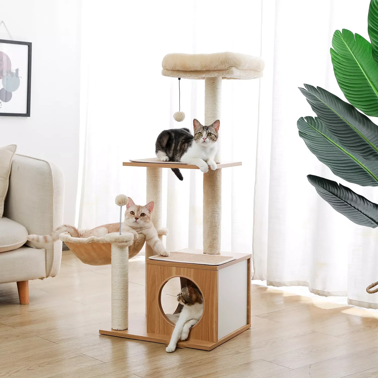 Wood Cat Tree Multilevel Cat Towel with Sisal Scratching Posts Modern Rest House Condo Spacious Hammock Cozy Top Perch and Ball
Wood Cat Tree Multilevel Cat Towel with Sisal Scratching Posts Modern Rest House Condo Spacious Hammock Cozy Top Perch and Ball