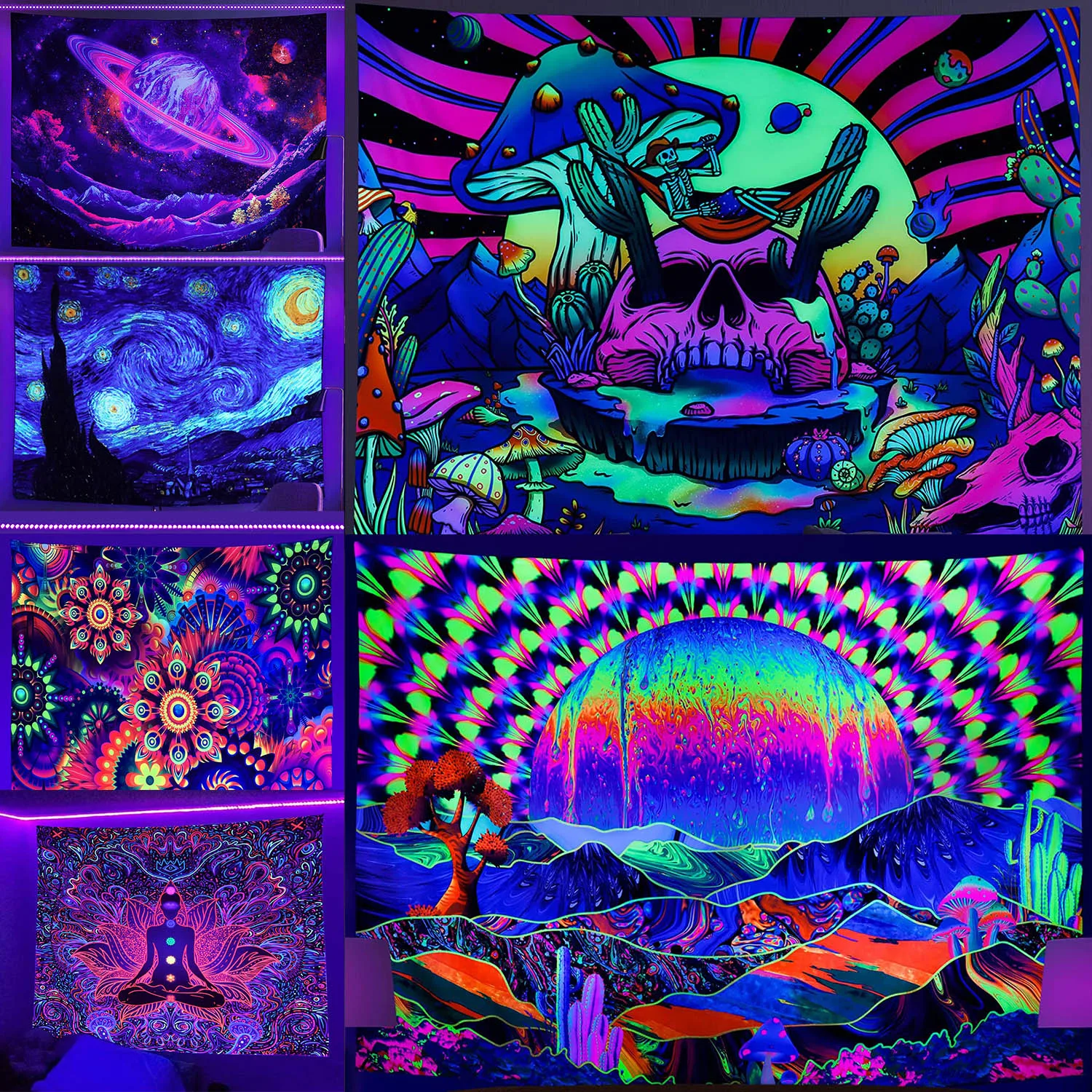 

Trippy Tapestry UV Reactive Fluorescent Mandala Hippie Skull Wall Hanging Cloth Bohemia Home Room Decor Kawaii Wall Decoration