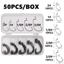 50Pcs Box Fishing Hooks Set Jig Crank Barbed Hook High Carbon Stainless Steel Wide Gap Offset Fishhook Soft Worm Sea Hook Tackle