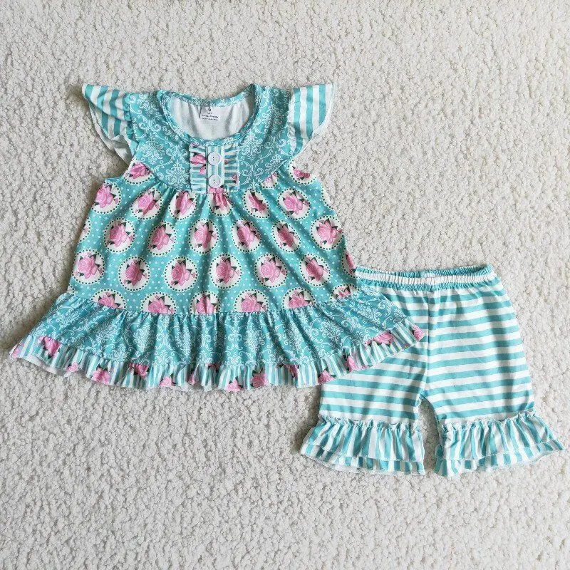 

RTS Baby Girl Clothes Roses Blue Flutter Sleeve Top Boutique Outfits White Stripe Ruffles Shorts Kids Clothing Sets