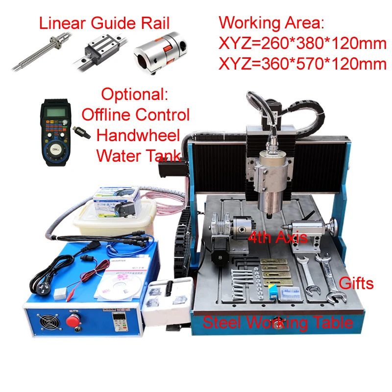 

Wood CNC Router 3040 2200W USB 4Axis Metal Engraving Machine Linear Guideway PCB Milling Carving with Steel Table and Water Tank