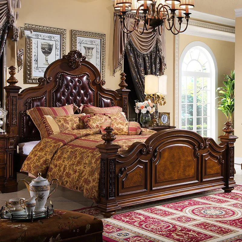 

Европейская ретро кожаная двуспальная кровать, роскошная спальня, американская кровать из твердой древесины, большая кровать 1,8 метра, H3