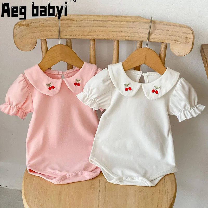 

Летняя одежда для маленьких девочек, Комбинезоны для младенцев, комбинезоны с вышитыми лацканами и короткими рукавами, комбинезоны, одежда для малышей 0-24 мес.