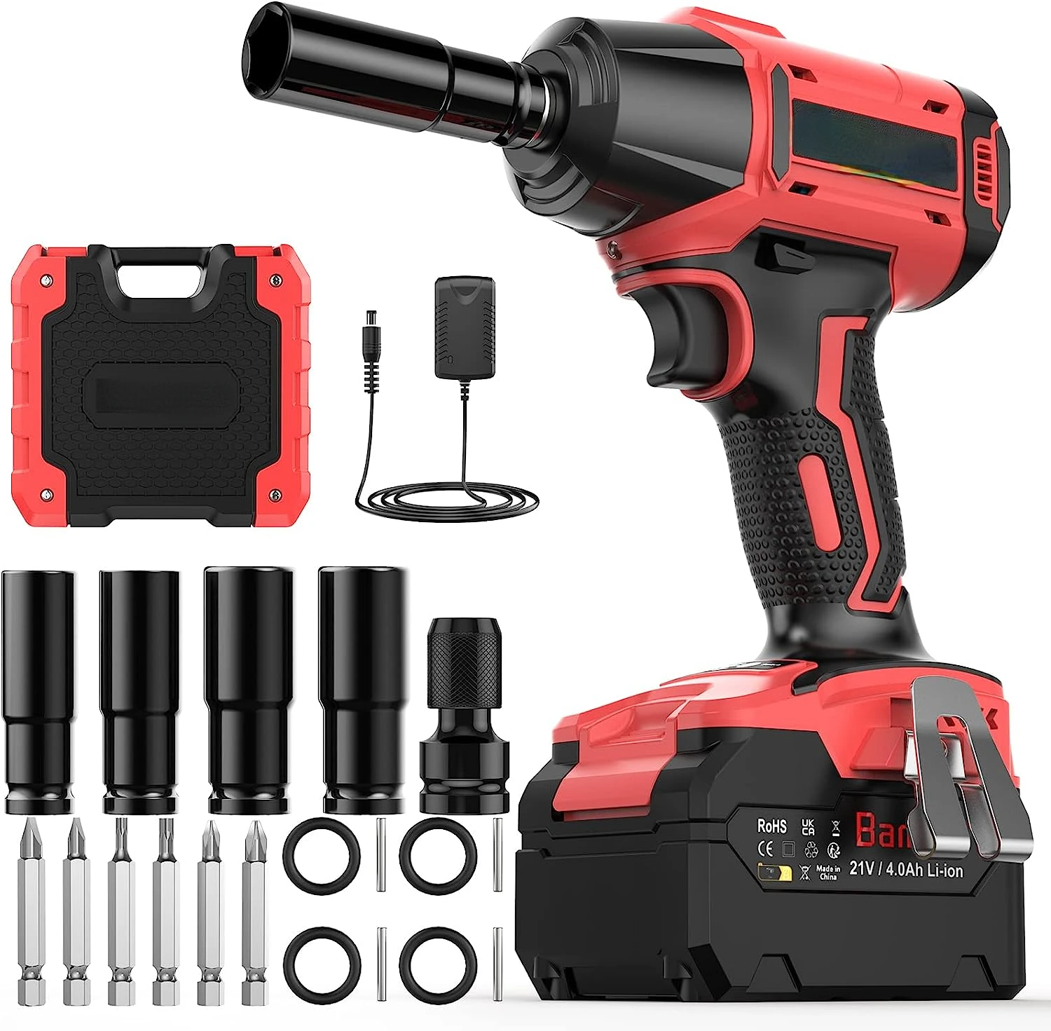 

Wrench Cordless, Brushless Power Gun 21V, 1/2'', 4.0Ah , 3200RPM & Max Torque 517 Ft-lbs (700N.m) with 4 Sockets,