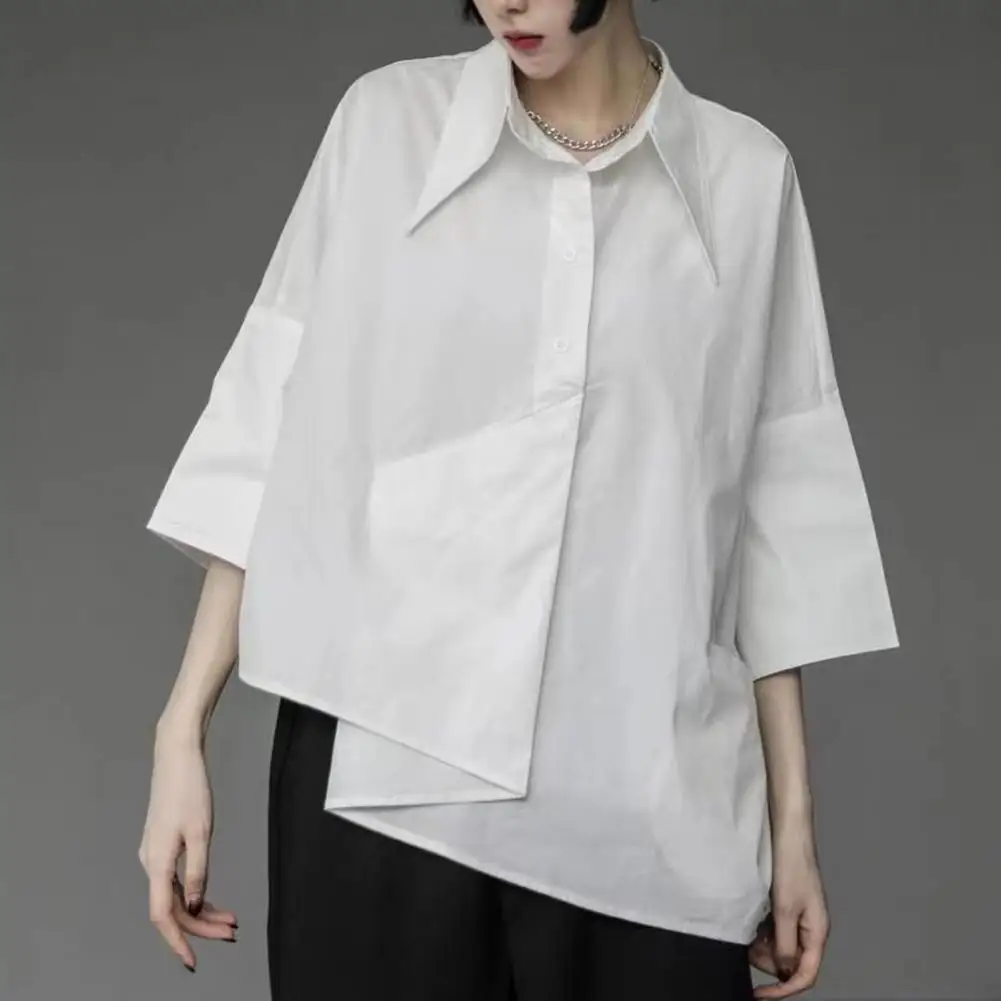 Women Shirt Irregular Hem Single-breasted Summer Shirt 3/4 Sleeves Pocket Unisex Top Solid Color Loose Lapel Summer Spring Shirt
Women Shirt Irregular Hem Single-breasted Summer Shirt 3/4 Sleeves Pocket Unisex Top Solid Color Loose Lapel Summer Spring Shirt