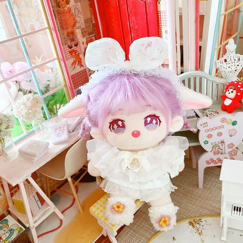 

3pc/set 20cm Doll Clothes White Elf Lace Dress Hair Band Shorts Kpop Plush Dolls Outfit Toys Baby Doll's Accessories Cos Suit