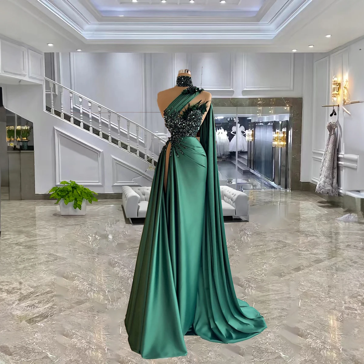

Женское атласное вечернее платье с юбкой годе, длинное платье с одним открытым плечом и высоким разрезом, роскошное платье с бусинами из Дубая для дня рождения и выпускного вечера