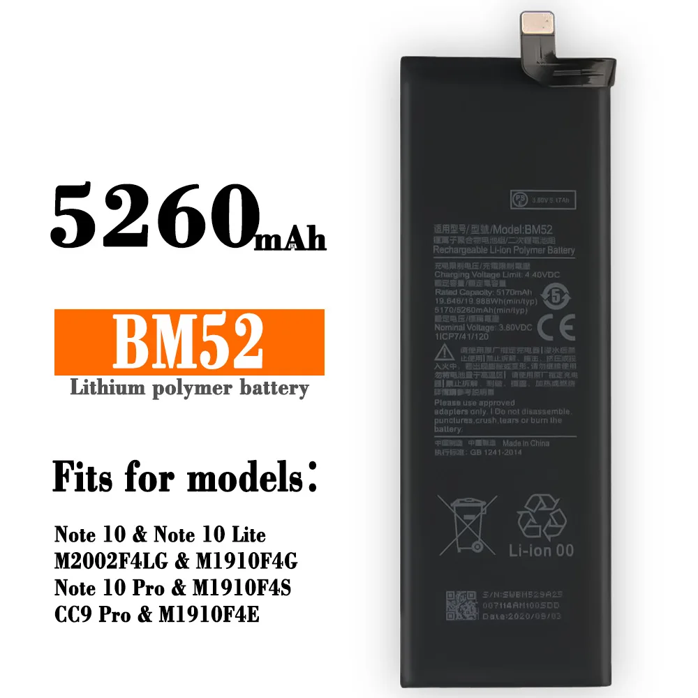 

100% Orginal BM52 5260mAh Mobile Phone Battery For Xiaomi Mi Note 10 Lite Note 10 Pro CC9pro CC9 Pro Replacement Batteries