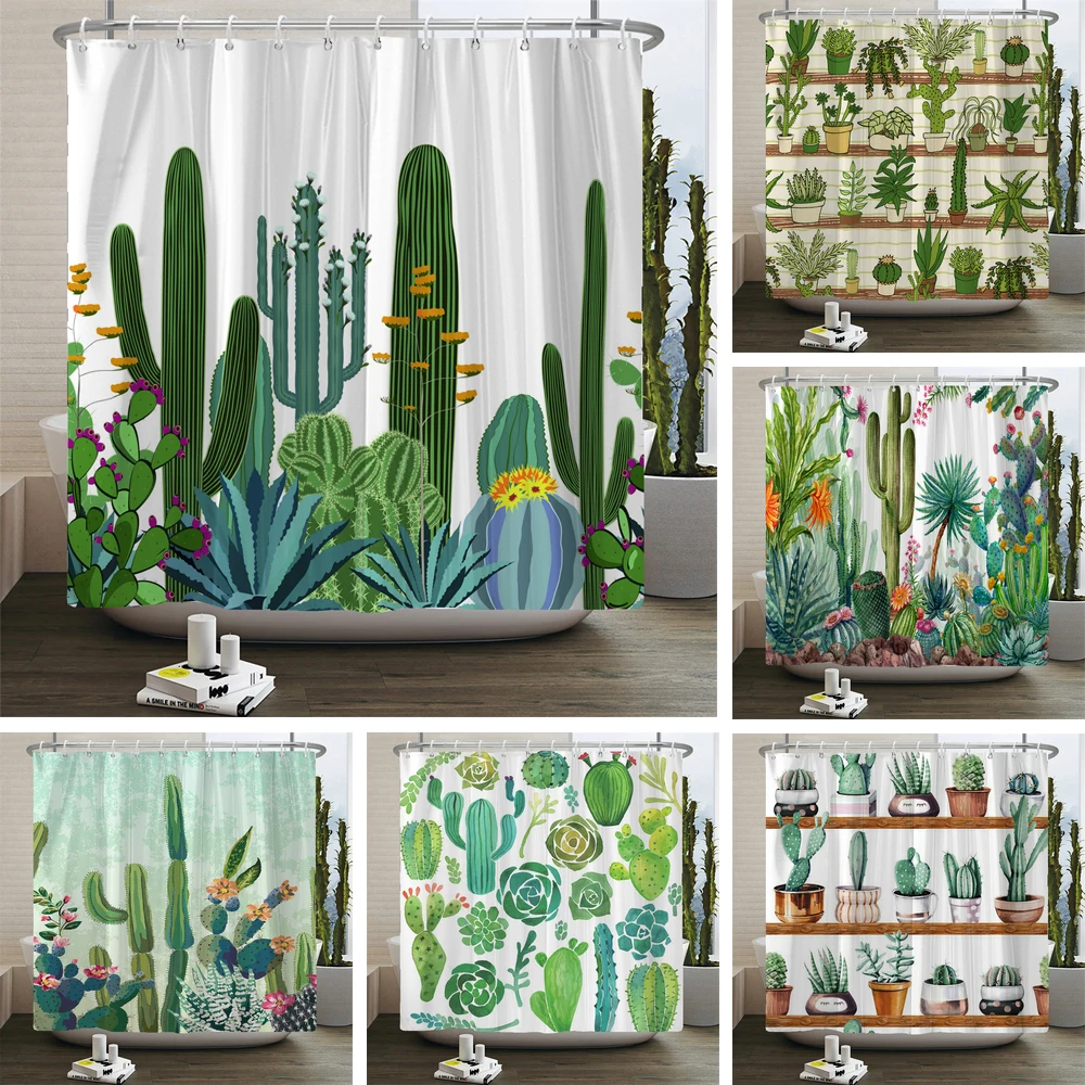 

Green Plant Cactus Printed Shower Curtain Nordic style Simplicity Bathroom Shower Curtains Washable Bath Curtains With Hooks