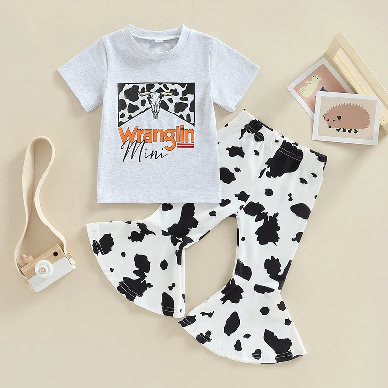 Toddler Girl Clothes Short Sleeve Round Neck Cow Letters Print Tops Bell-Bottomed Pants Casual Baby Girl Outfits
Toddler Girl Clothes Short Sleeve Round Neck Cow Letters Print Tops Bell-Bottomed Pants Casual Baby Girl Outfits