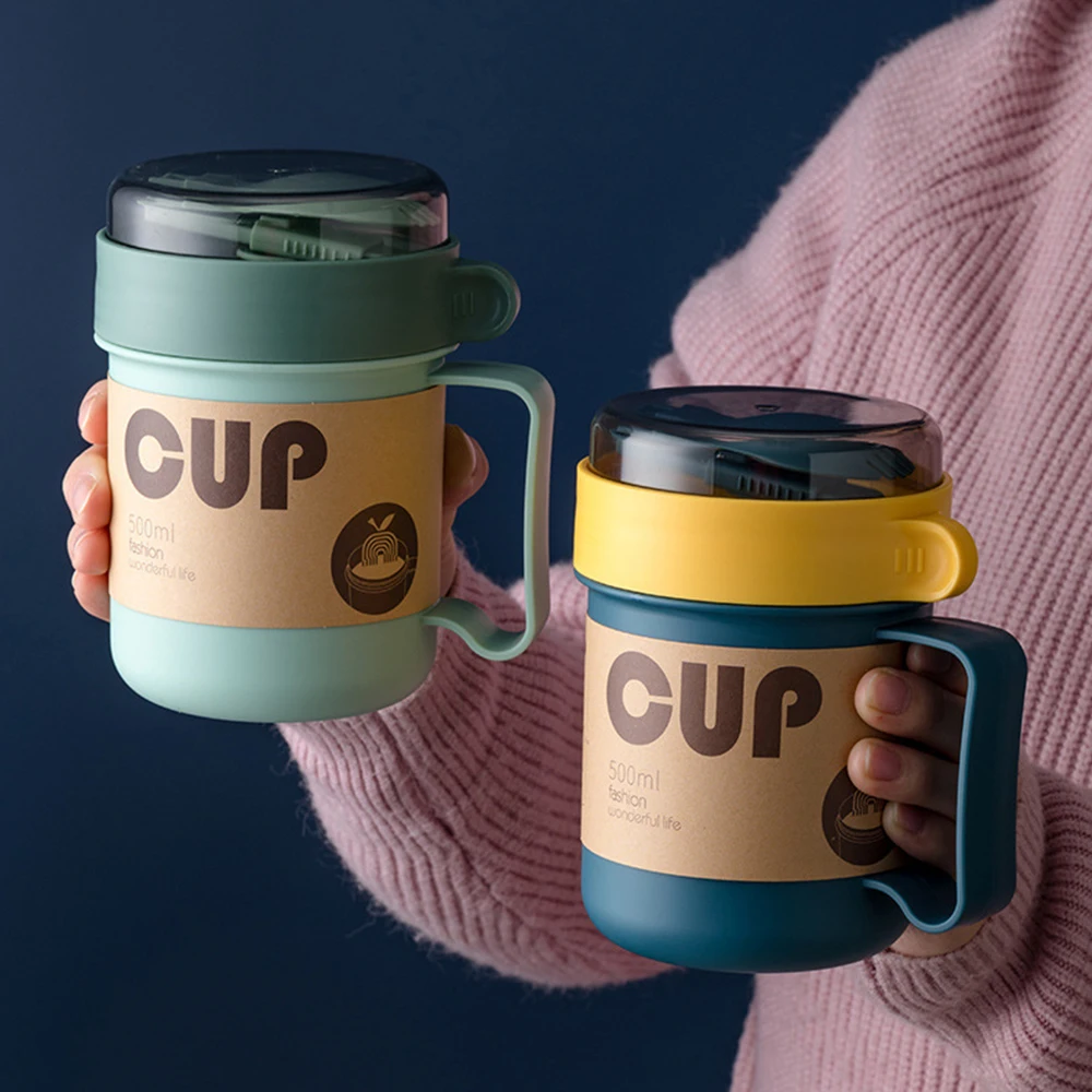 

500ML Portable Breakfast Cup Oatmeal Cup Cereal PP Material Soup Container Nut Yogurt Mug Snack Cup Microwave with Lid Spoon Mug