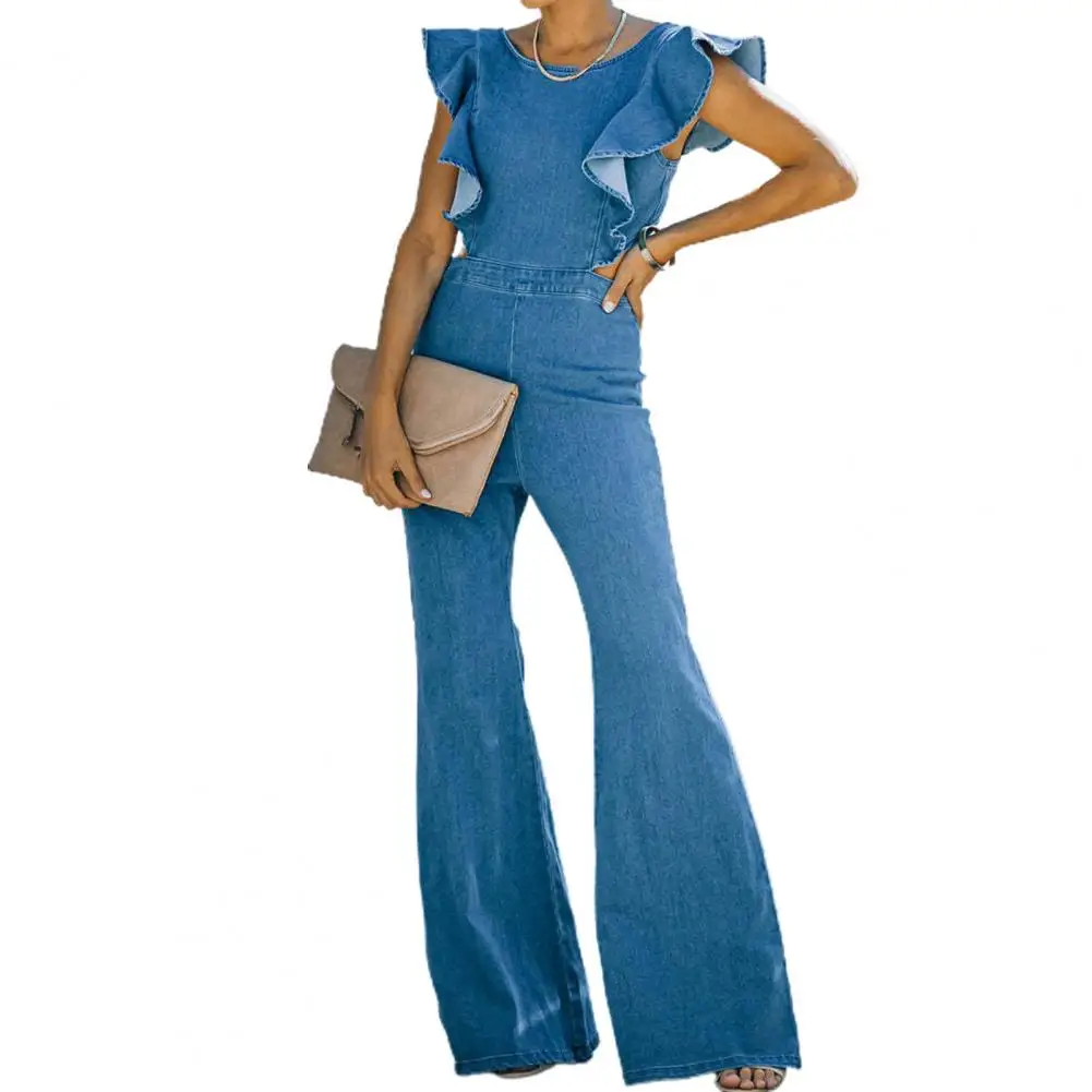 

Women Romper Solid Color Flounced Edge Sweet Style Slim Fit Crew Neck Ruffle Flare Pants Jumpsuit Wide Leg Female Clothes