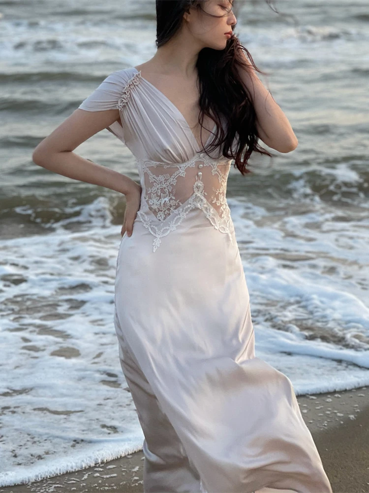 Summer Women Sexy Satin Lace Patchwork Long Dress Ladies Elegant Backless Beach Party Vestidos
Summer Women Sexy Satin Lace Patchwork Long Dress Ladies Elegant Backless Beach Party Vestidos