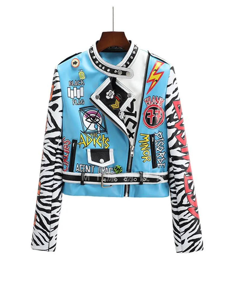 Punk Rivet Cropped Leather Jacket Women Autumn Winter Streetwear Graffiti Colorful Rock Female Locomotive Coats Outerwear
Punk Rivet Cropped Leather Jacket Women Autumn Winter Streetwear Graffiti Colorful Rock Female Locomotive Coats Outerwear