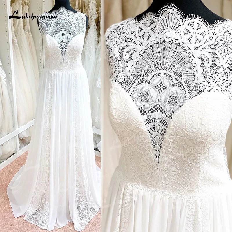 Robe de Mariee A Line Boho Bohemian Wedding Dress with Back Buttons Illusion Sleeveless Lace Chiffon Scalloped Neck Bridal Gown
Robe de Mariee A Line Boho Bohemian Wedding Dress with Back Buttons Illusion Sleeveless Lace Chiffon Scalloped Neck Bridal Gown