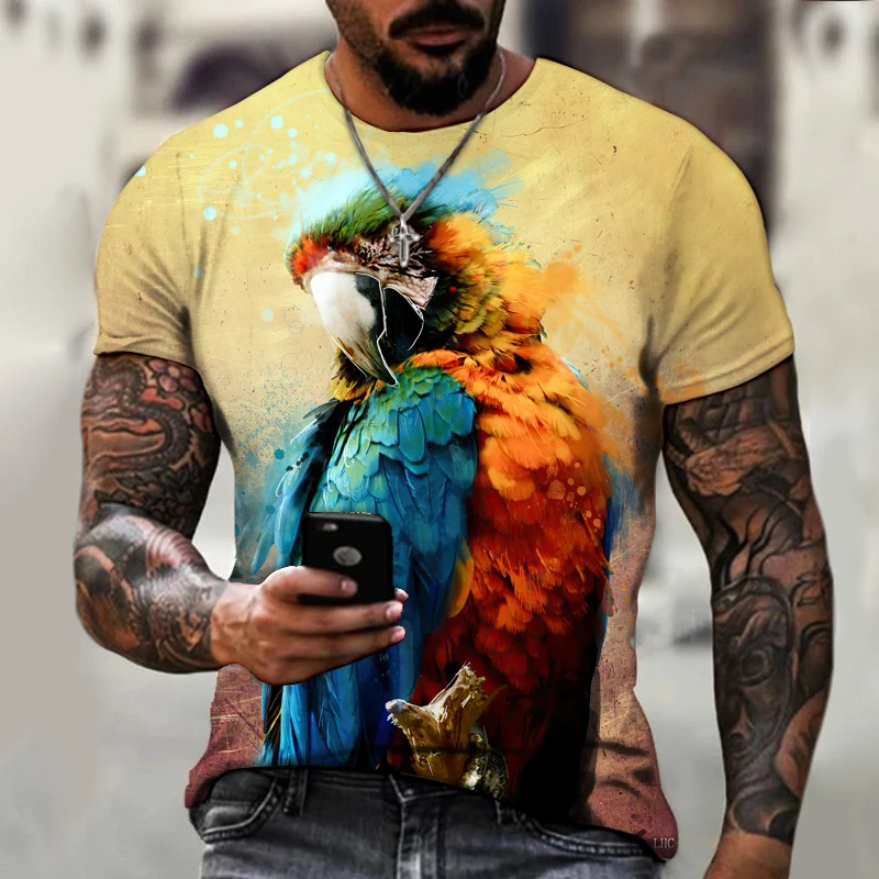 

Brand Animal World Parrot Color 3D Printing Men's And Women's T-shirt High-quality Lycra Polyester Short-sleeved Oversized Top
