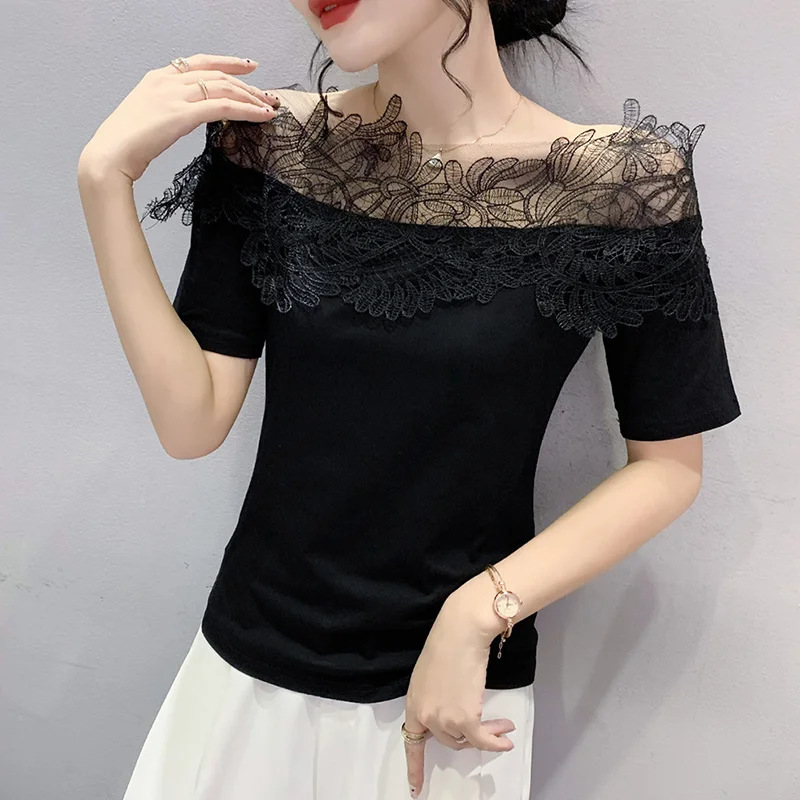 #7912 Black White T Shirt Women Spliced Mesh Slash Nexk Sexy Short T-shirt Female Stretch Cotton Slim Short Sleeve Tshirt Summer
#7912 Black White T Shirt Women Spliced Mesh Slash Nexk Sexy Short T-shirt Female Stretch Cotton Slim Short Sleeve Tshirt Summer