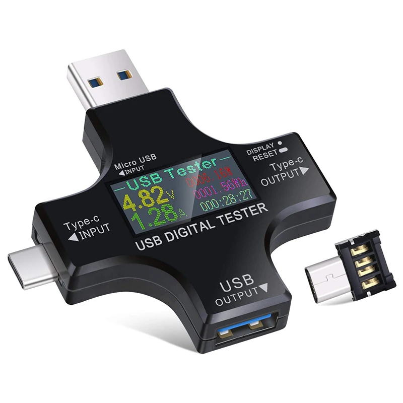 

USB-тестер 2 в 1, цифровой мультиметр с цветным ЖК-дисплеем и разъемами USB C, для измерения напряжения и силы тока, вольтметр, амперметр, детектор