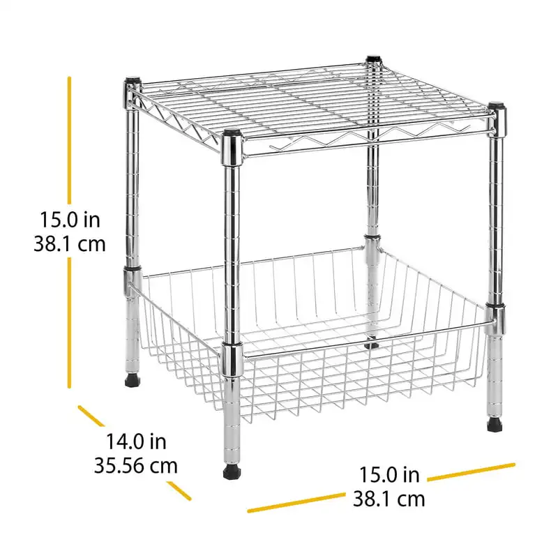 Elegant 2-Shelf Chrome Freestanding Shelves, 15"W x 14"D x 15"H - A Stylish Modern Storage Solution.
Elegant 2-Shelf Chrome Freestanding Shelves, 15"W x 14"D x 15"H - A Stylish Modern Storage Solution.
