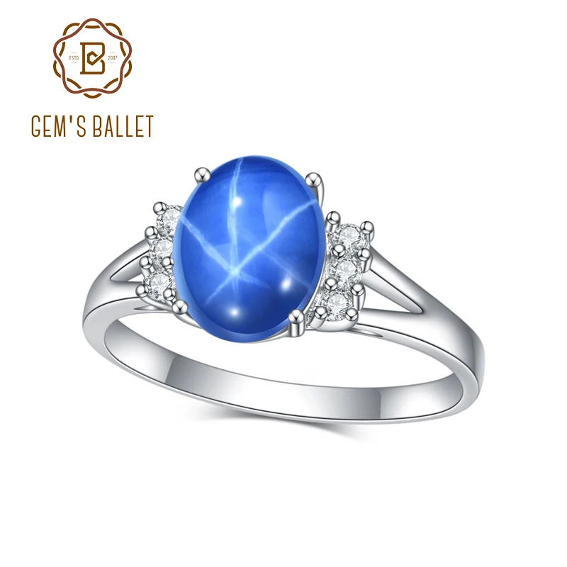 

GEM'S BALLET CAB 7x9mm Lab Blue Lindy Star Sapphire Rings in 925 Sterling Silver Engagement Promise Ring Gift For Her