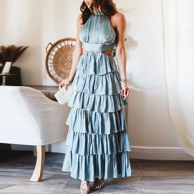 Fashion O-neck Sleeveless Long Dress Elegant Hollow Out Backless Lace-up Cake Dress 2023 Summer Women Casual Solid Party Dresses 
Fashion O-neck Sleeveless Long Dress Elegant Hollow Out Backless Lace-up Cake Dress 2023 Summer Women Casual Solid Party Dresses